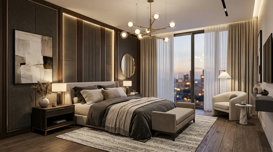Modern elegant bedroom with statement lighting, textured wall panels, stylish furniture, and warm lighting.