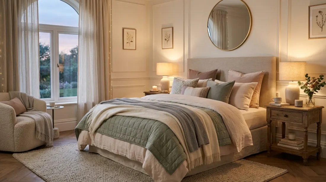 Dreamy beautiful bedroom with layered bedding, delicate decor accents, warm glowing lamps, and tranquil atmosphere.