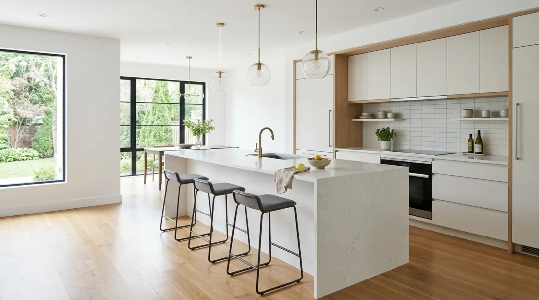 Modern kitchen with large white quartz waterfall island, bar stools, and pendant lighting.