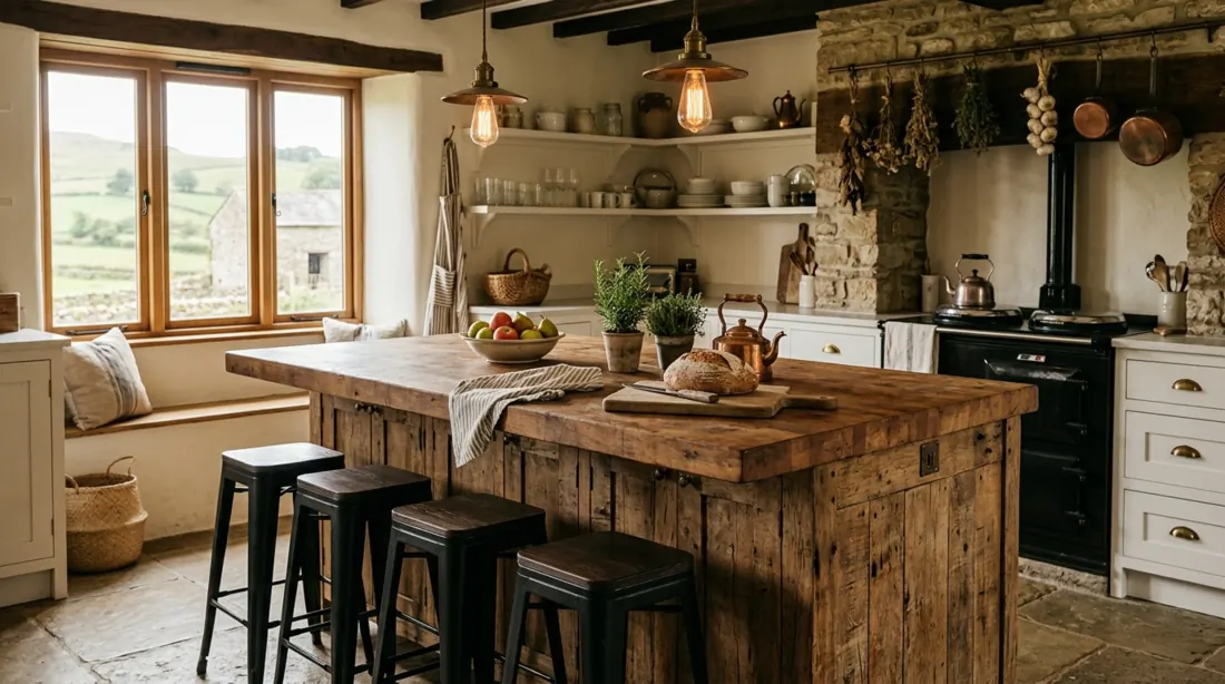 Rustic farmhouse kitchen island with reclaimed wood, butcher block top, and black stools.