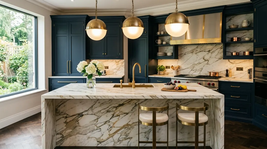Luxury kitchen with marble island, gold veining, brass fixtures, and designer pendants.