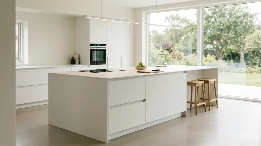 Minimal kitchen island with handleless cabinetry, matte white surface, and hidden storage.
