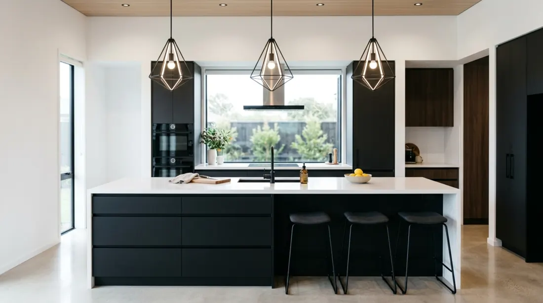 Contemporary kitchen island with black base, white countertop, and pendant lights.