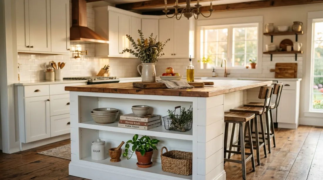 Farmhouse kitchen island with shiplap paneling, wood top, and open shelves.