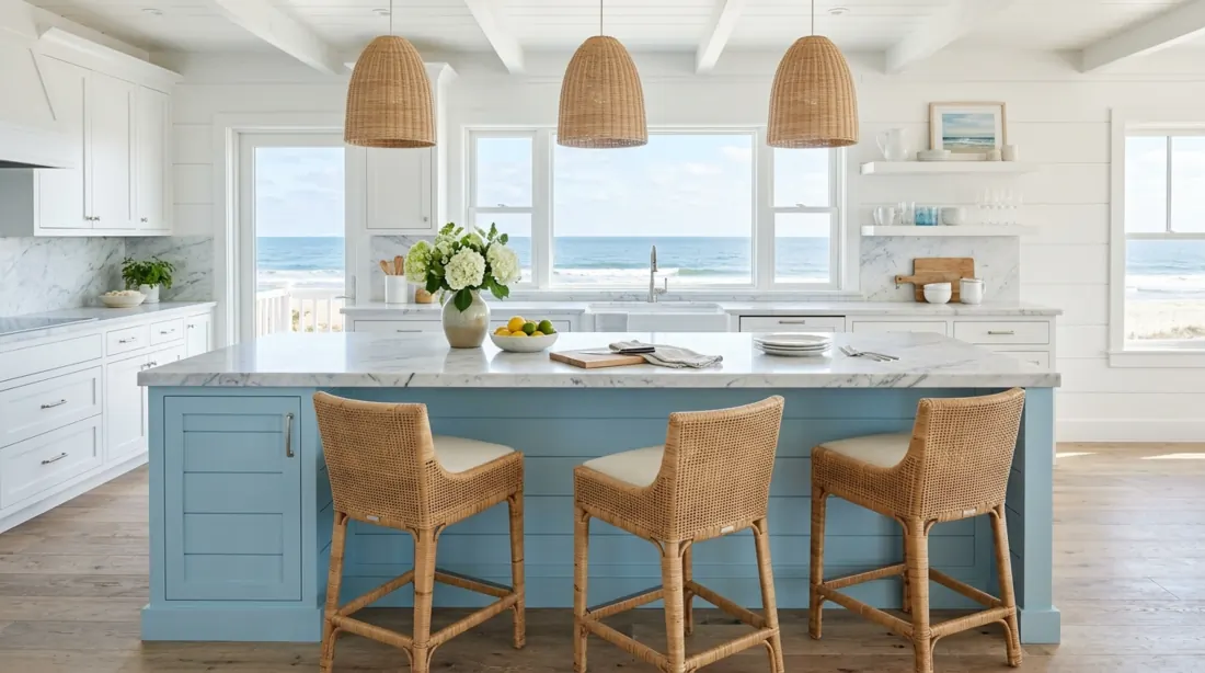 Coastal kitchen island with blue base cabinets, white marble top, and wicker stools.