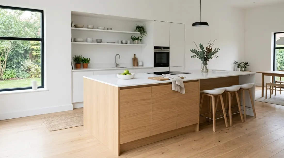 Scandinavian kitchen island with light oak finish, white counters, and airy space.