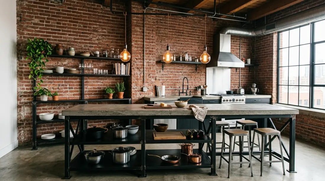 Industrial kitchen island with concrete countertop, black steel frame, brick backdrop, and Edison lights.