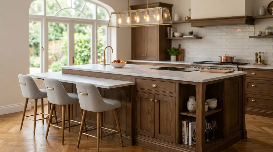 Double-tier kitchen island with seating area, marble top, wood base, and storage.