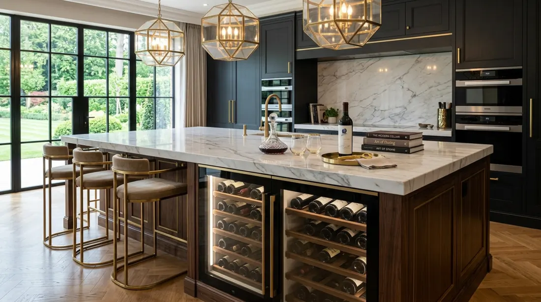 Luxury kitchen island with built-in wine storage, marble surface, gold accents, and designer lighting.