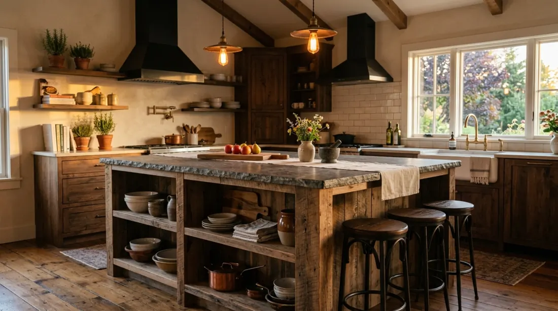 Rustic modern kitchen island with wood and stone mix, warm textures, and open shelving.