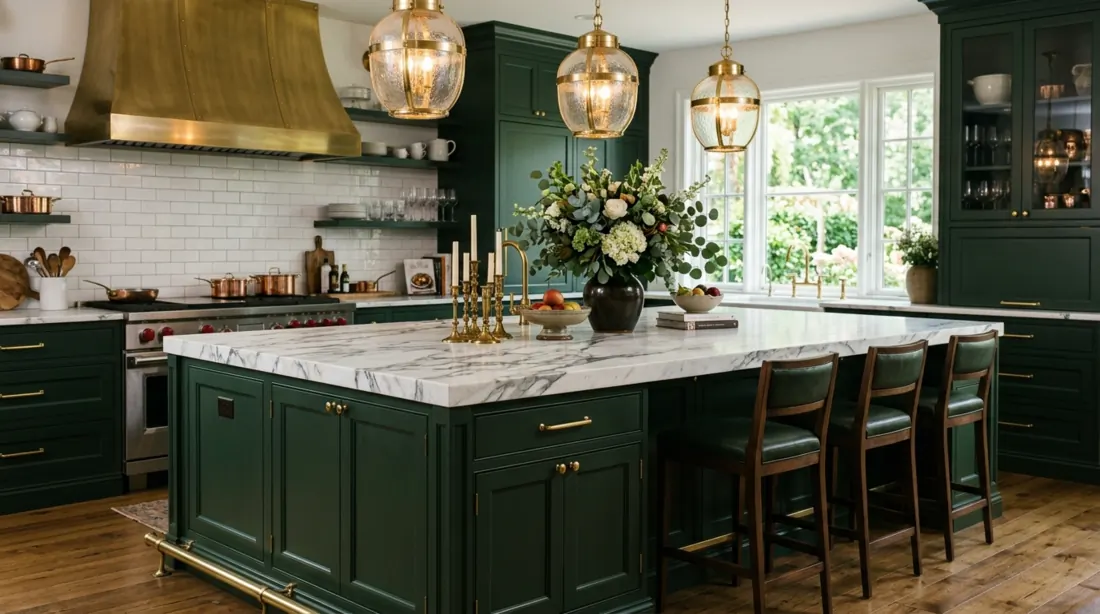 Statement kitchen island with dark green cabinetry, marble top, brass details, and dramatic lighting.