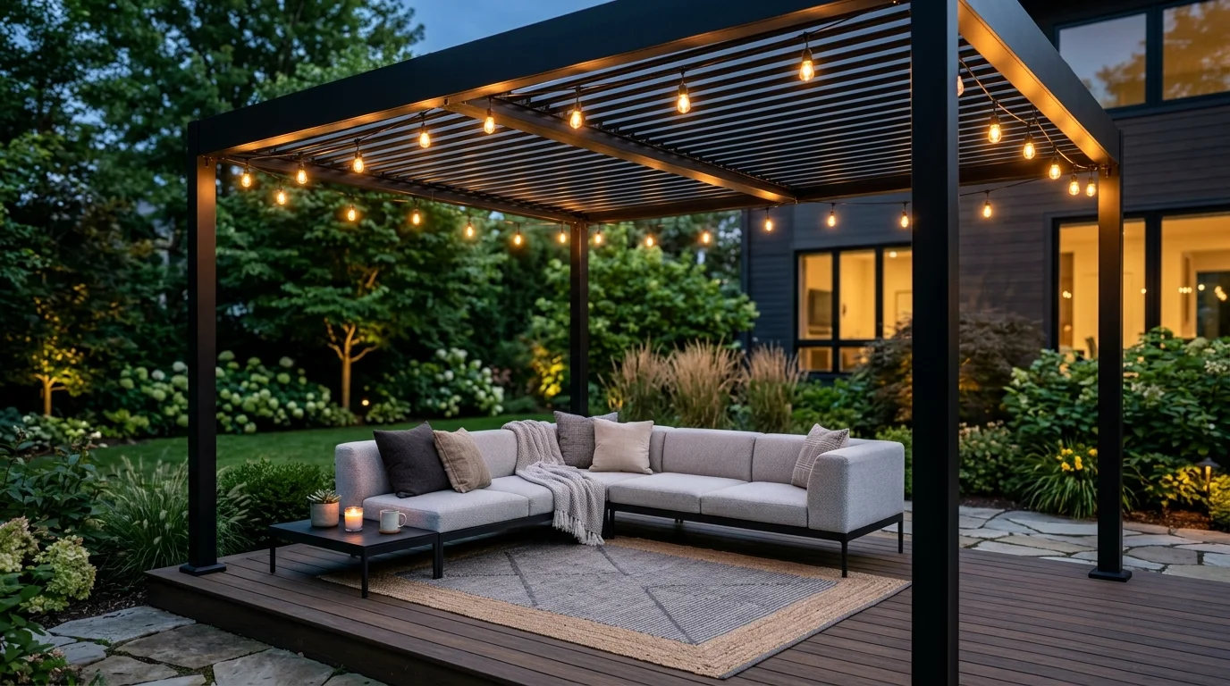 Modern pergola with black frame, slatted roof, outdoor sofa, and warm string lights.