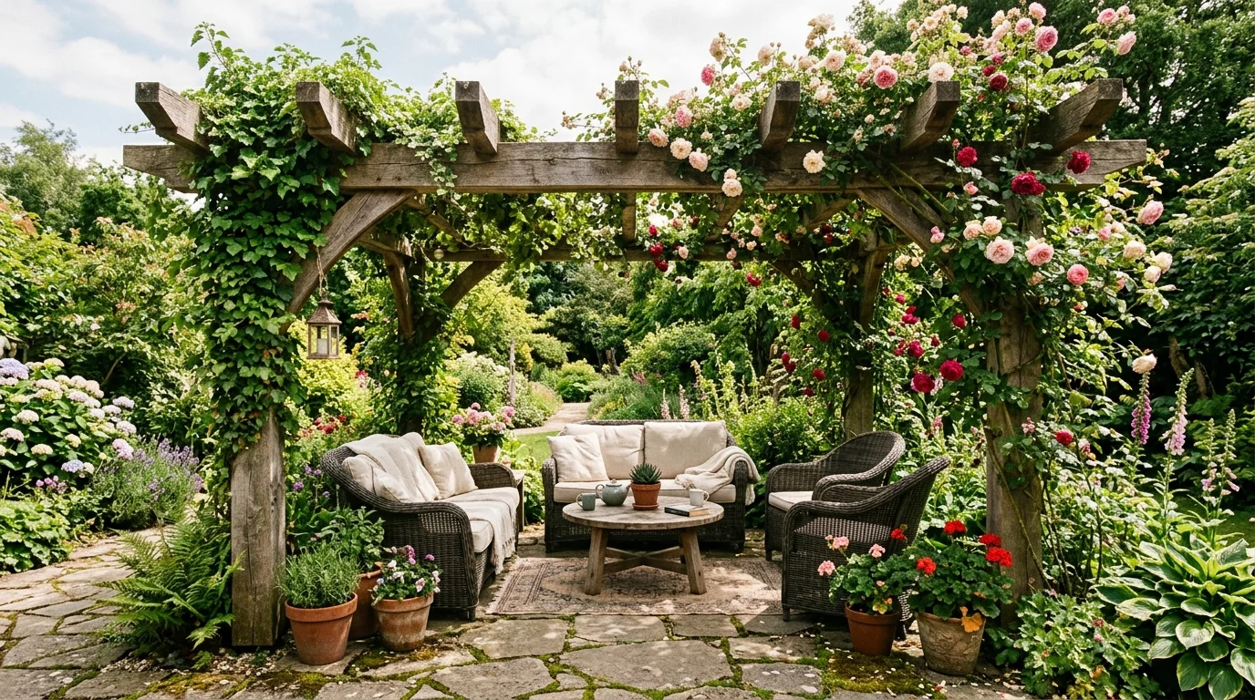 Rustic cedar pergola with climbing roses, stone flooring, and wicker garden seating.