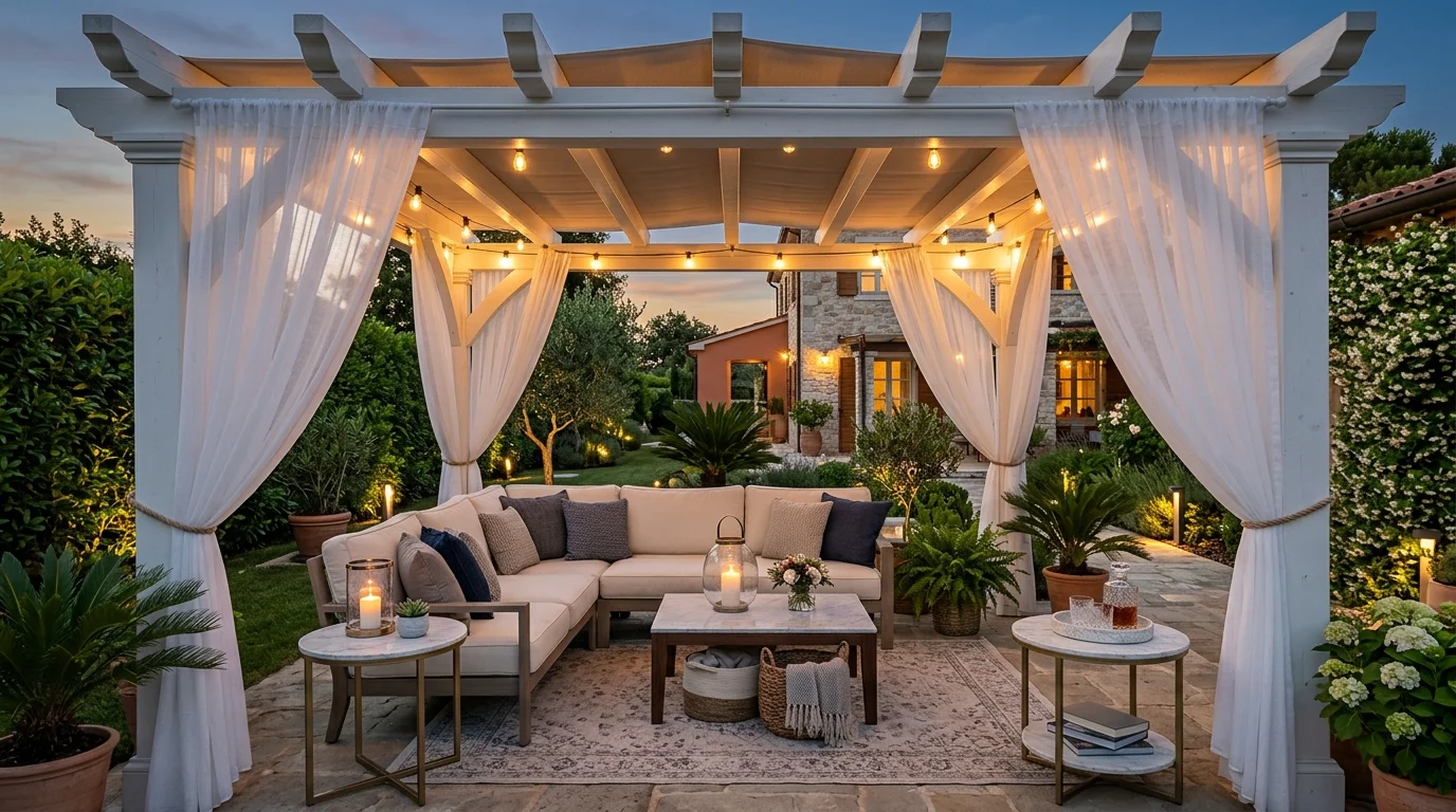 White luxury pergola with sheer curtains, sectional seating, marble tables, and ambient lighting.