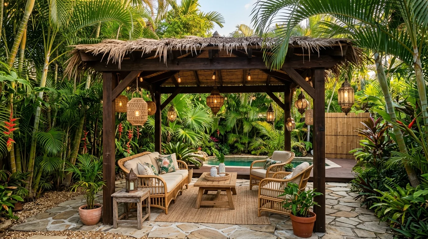 Tropical pergola with bamboo accents, palms, lanterns, and rattan lounge furniture.
