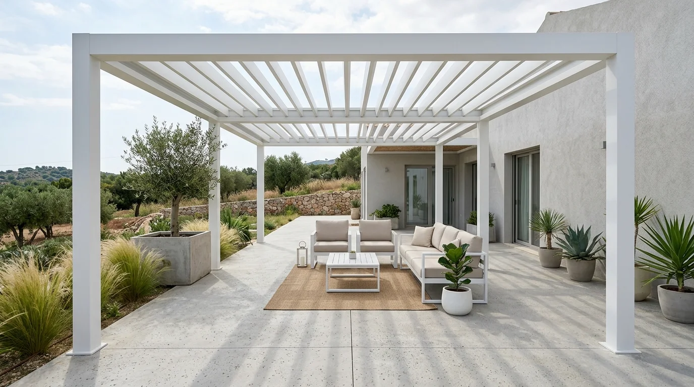 Minimal white pergola with clean frame, neutral furniture, concrete floor, and sparse greenery.