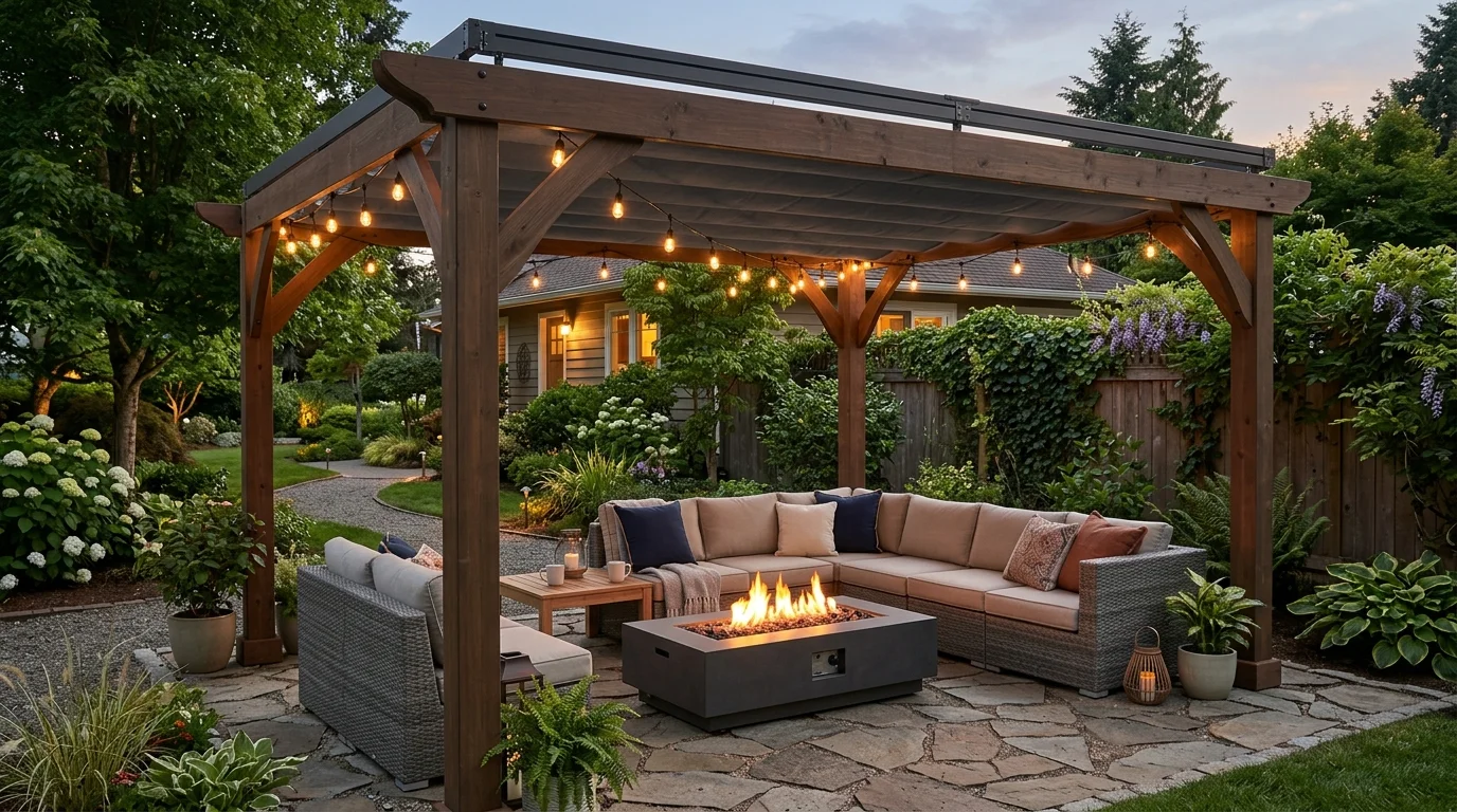 Pergola with retractable canopy, modular seating, fire pit, and LED mood lighting.