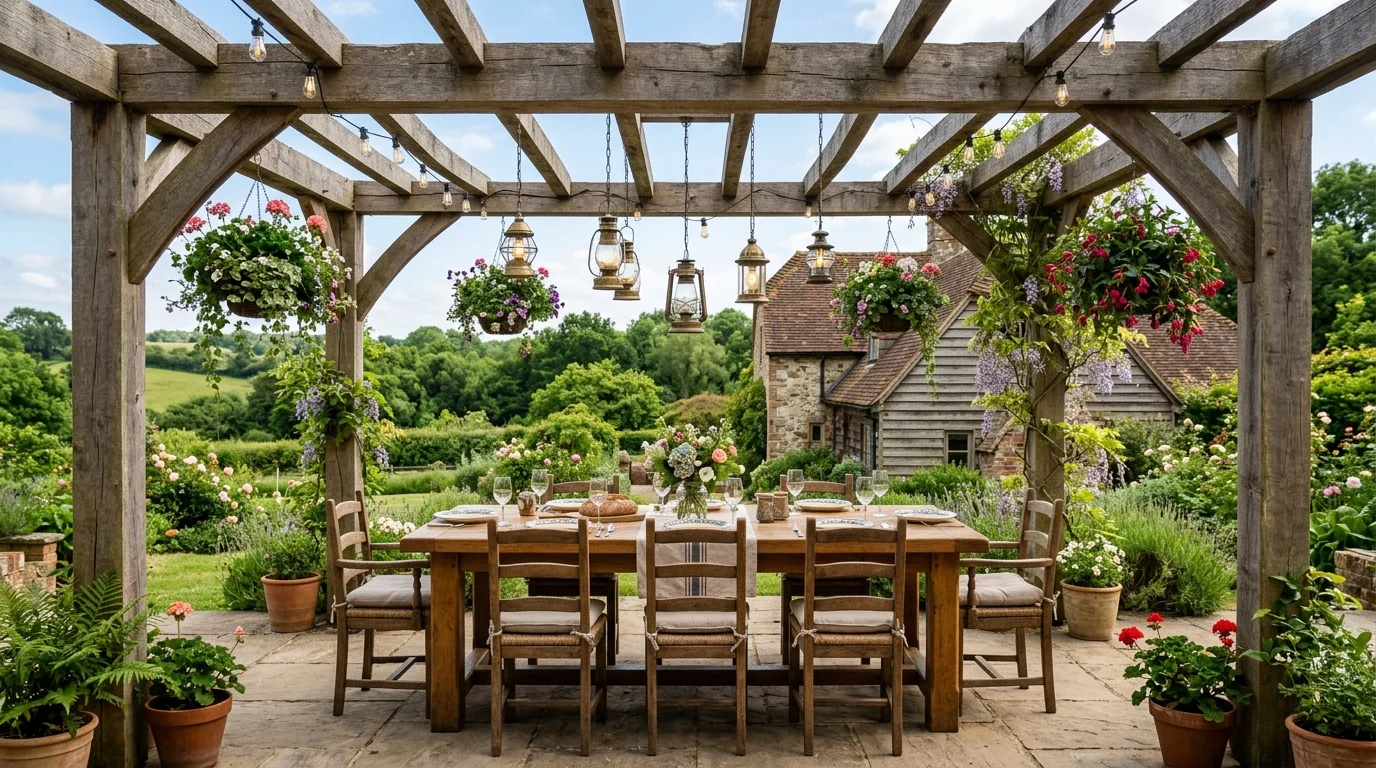 Farmhouse pergola with reclaimed wood, hanging baskets, lanterns, and rustic dining table.