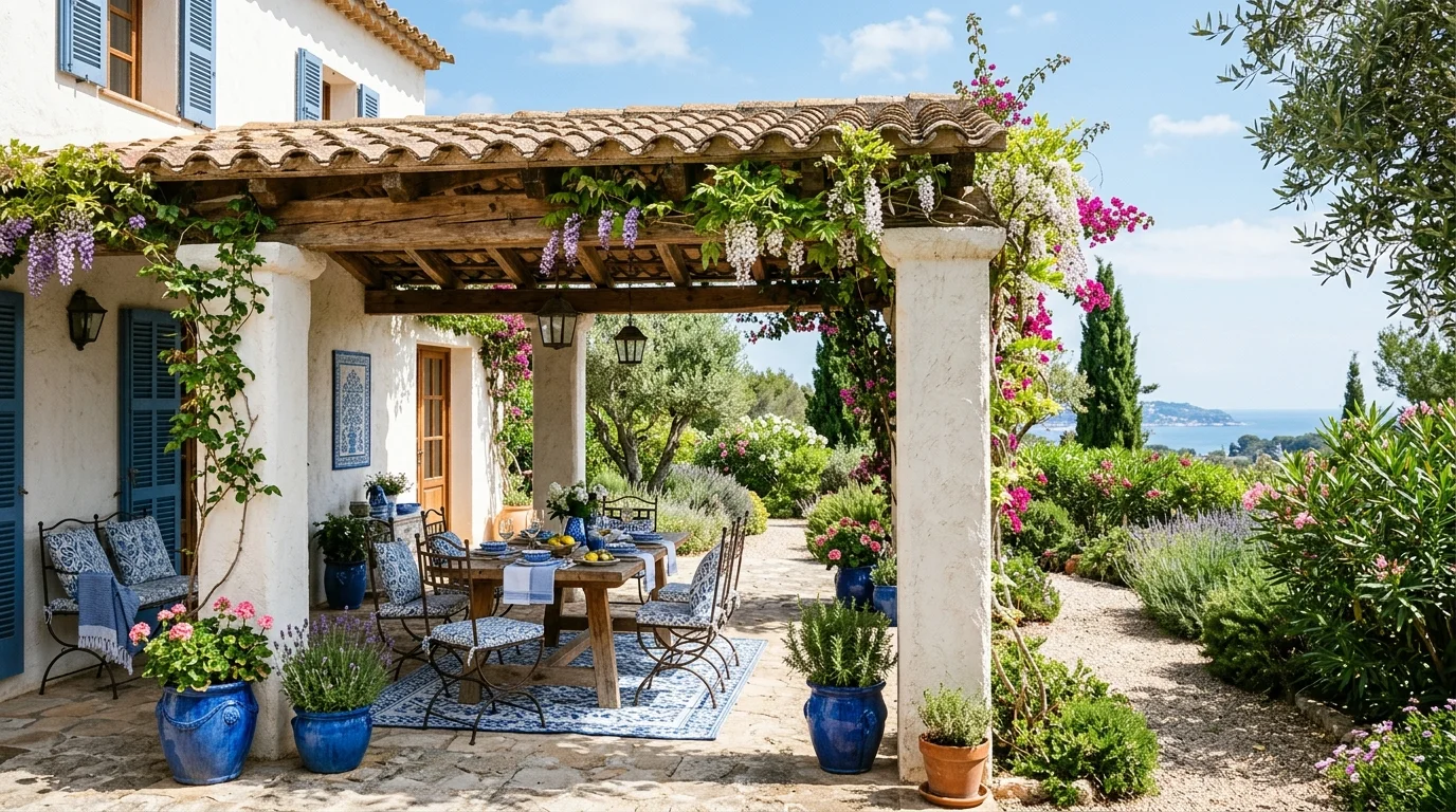Mediterranean pergola with terracotta floor, stucco columns, climbing vines, and blue accents.