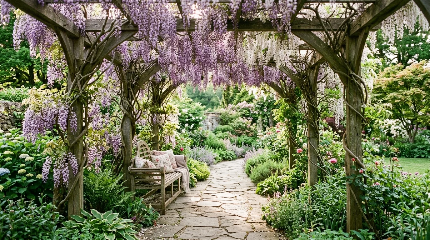Garden pergola covered in wisteria with stone path, wood bench, and filtered sunlight.