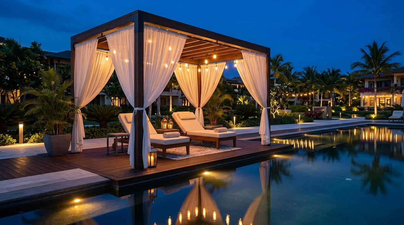 Poolside pergola with curtains, lounge chairs, modern deck, and lights reflected in water.