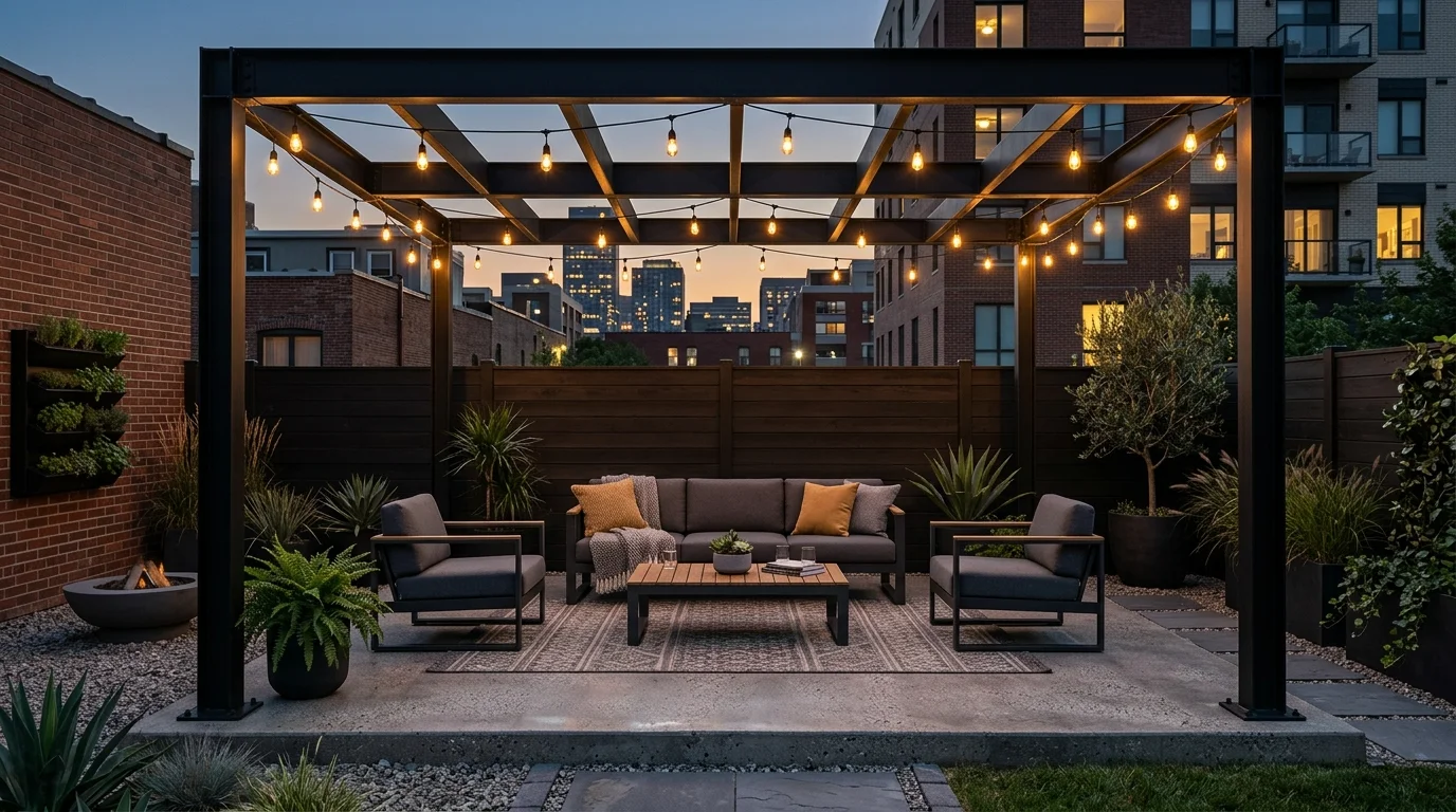 Industrial pergola with black steel beams, concrete base, Edison lights, and modern lounge furniture.