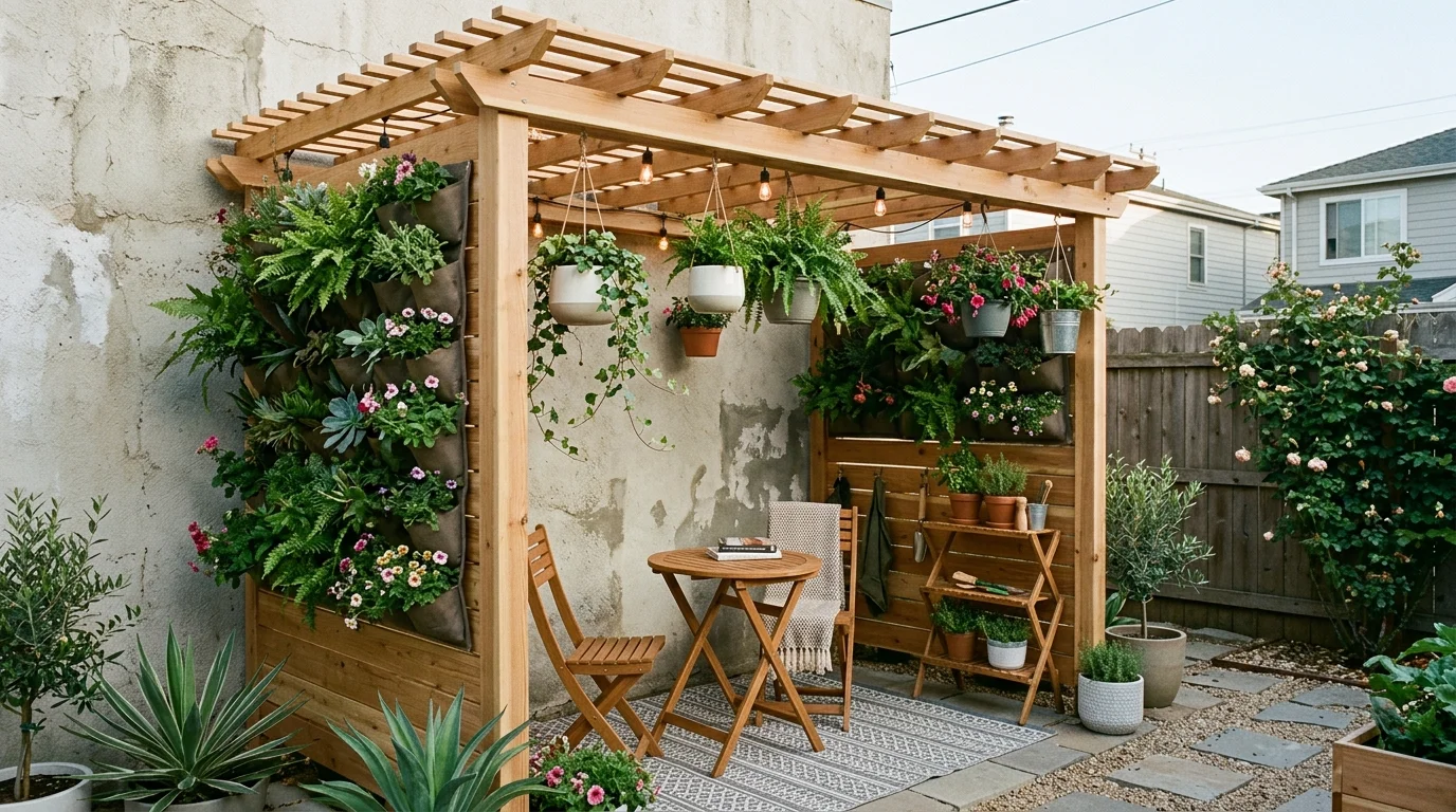 Small pergola with vertical garden walls, foldable furniture, hanging planters, and compact layout.
