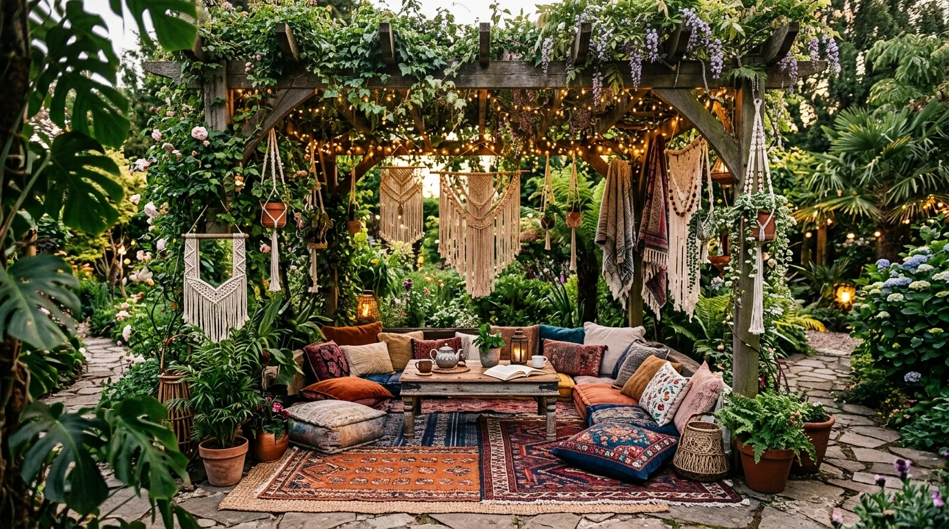 Bohemian pergola with rugs, floor cushions, macrame decor, fairy lights, and lush greenery.