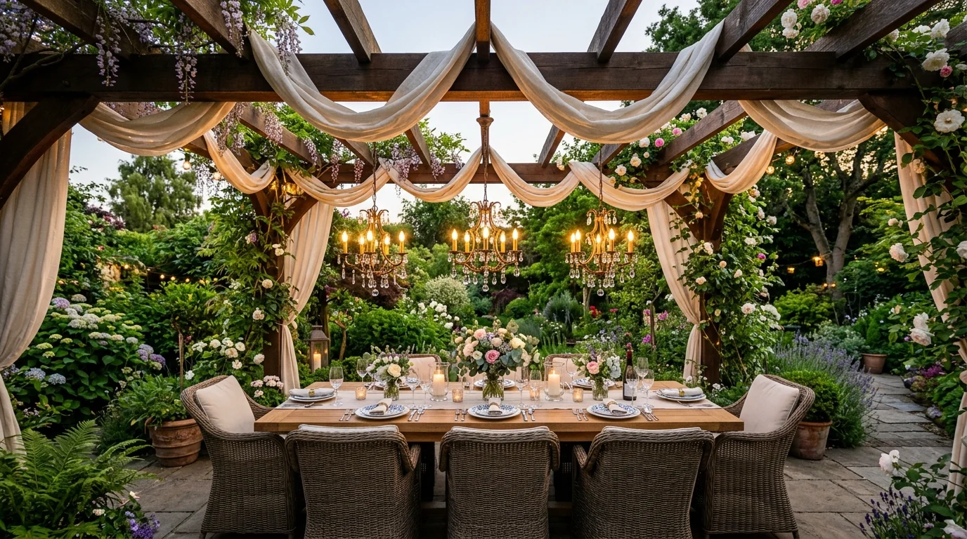 Elegant dining pergola with long wood table, chandelier-style lighting, fabric draping, and lush garden.