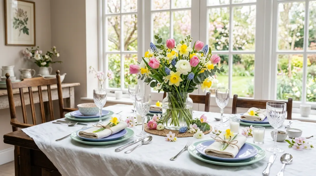 Spring tablescape with white linen, tulips, daffodils, pastel plates, and natural daylight.