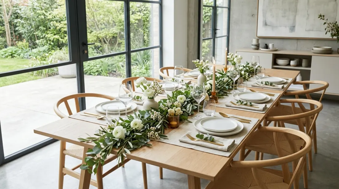 Modern spring table with white plates, eucalyptus garland, gold cutlery, and neutral palette.