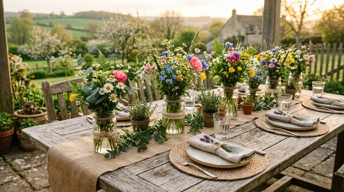 Rustic spring tablescape with mason jar wildflowers, burlap runner, wood table, and greenery.