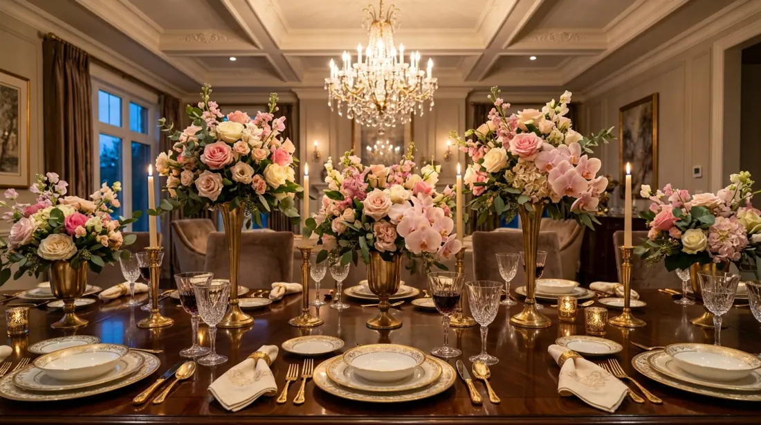 Luxury spring table with crystal glassware, gold-trimmed plates, roses, orchids, and polished surface.