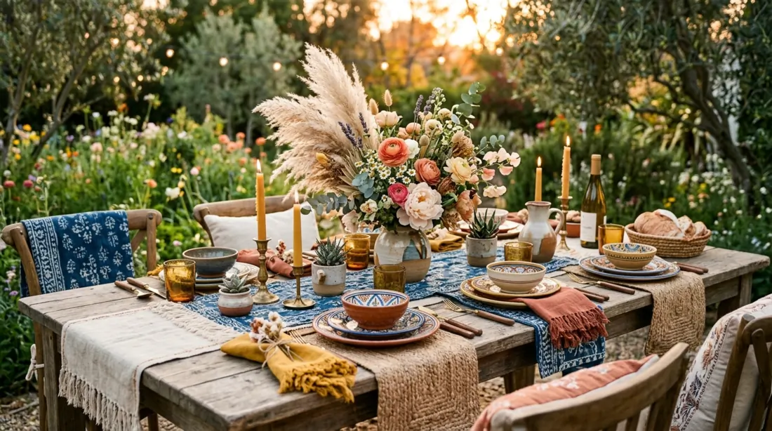 Bohemian spring tablescape with patterned runners, colorful dishes, pampas grass, and fresh flowers.