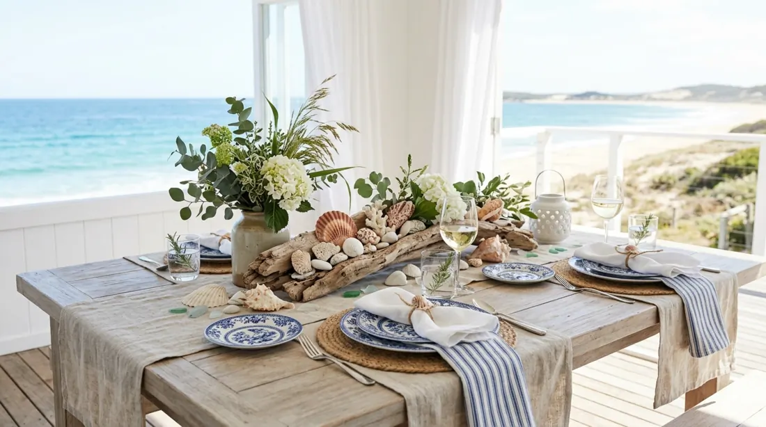 Coastal spring table with blue and white tableware, driftwood centerpiece, shells, and linen textures.