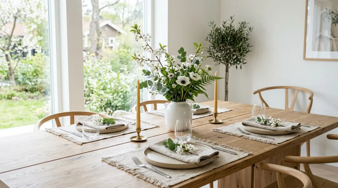 Scandinavian spring table with light wood, neutral ceramic plates, simple greenery, and minimal design.