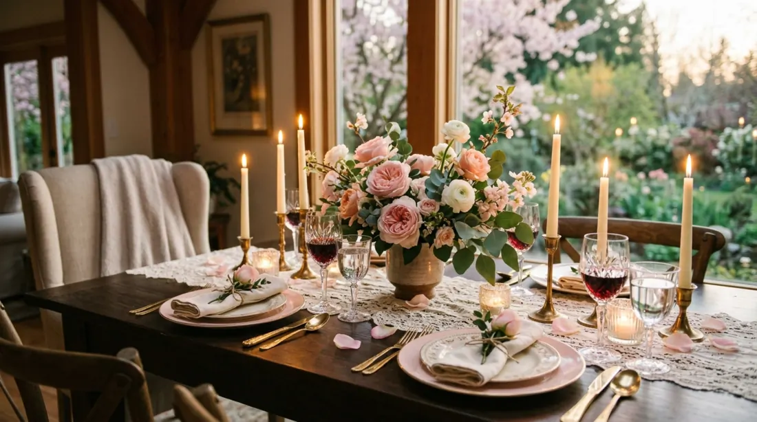 Romantic spring dining table with blush roses, candles, lace runner, and pastel dishware.