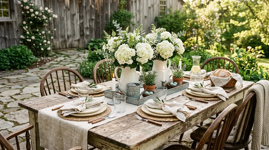 Farmhouse chic spring table with distressed wood, metal accents, white hydrangeas, and linen textures.