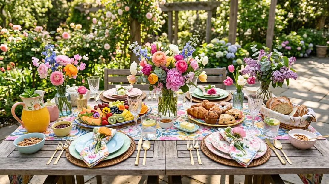 Vibrant spring brunch table with fruit platters, flowers, patterned napkins, and pastel tableware.