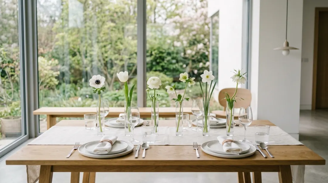 Minimal spring table with monochrome dishware, glass vases, single-stem flowers, and geometric arrangement.