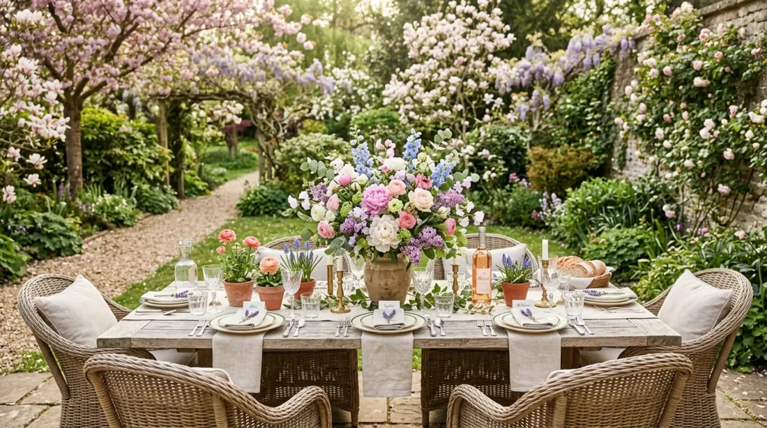 Garden spring tablescape with floral centerpiece, wicker chairs, fresh greenery, and blooming trees.