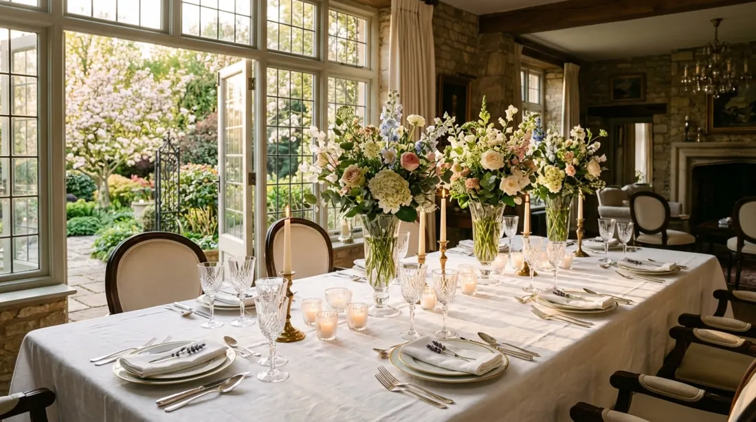 Luxury garden-view spring table with white tablecloth, tall flowers, crystal glassware, and candlelight.