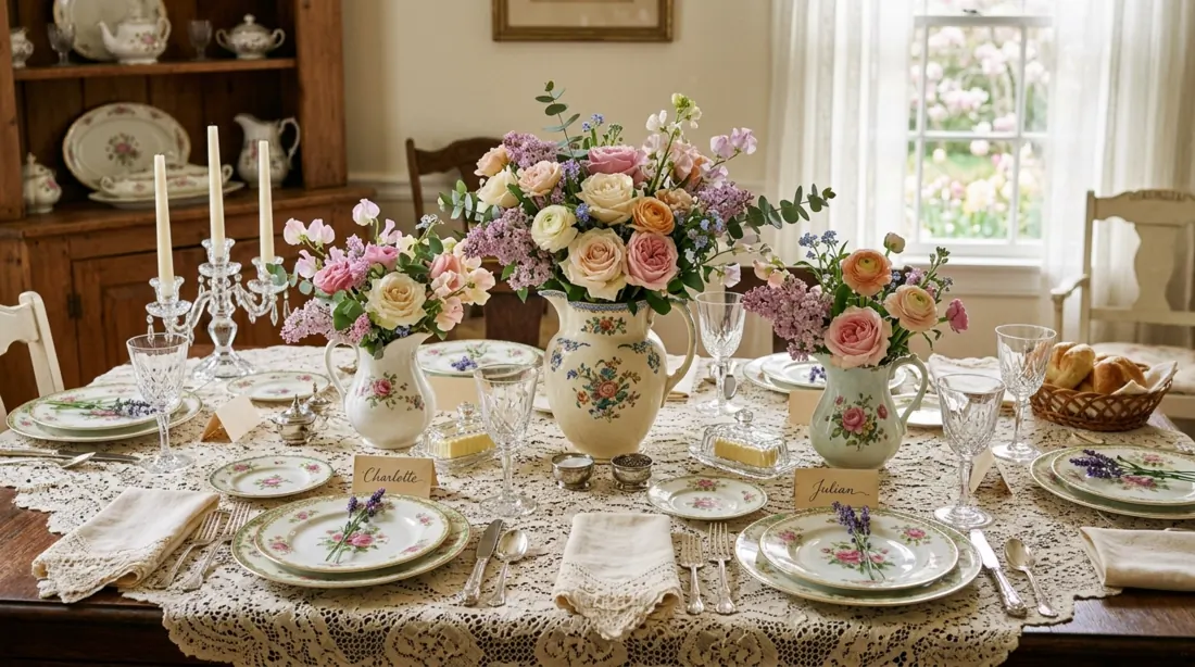 Vintage spring table with antique china, lace tablecloth, pastel flowers, and porcelain pitchers.