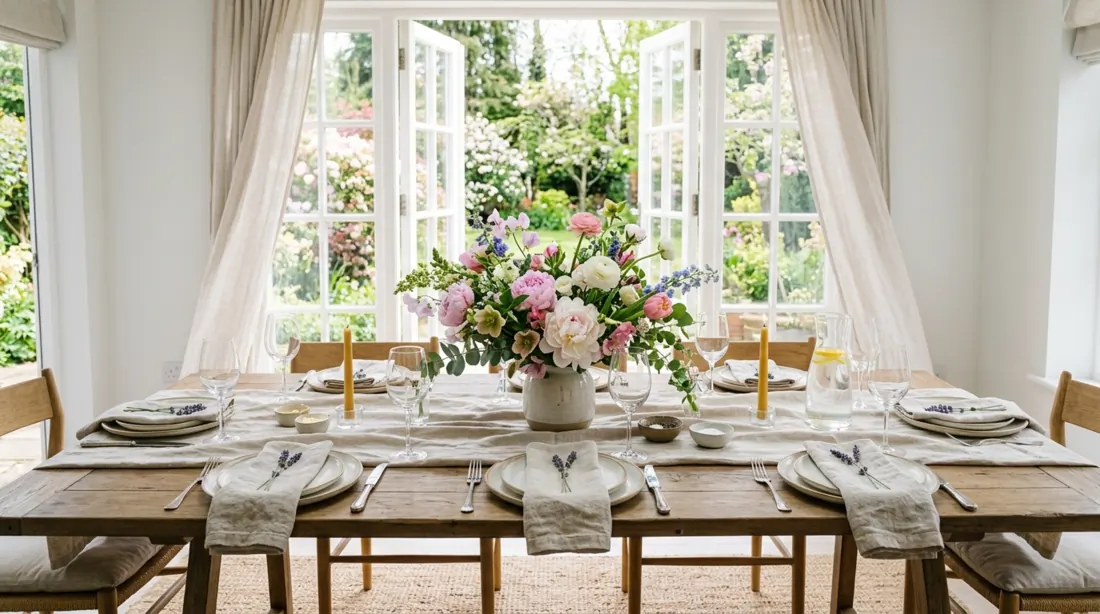 Fresh airy spring table with mixed seasonal flowers, neutral tones, flowing linen, and open windows.