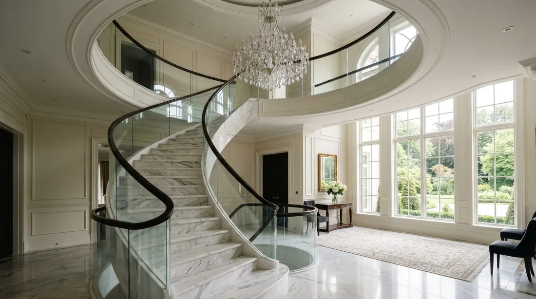 Grand home entrance with a stunning staircase, elegant railing, and polished foyer styling.