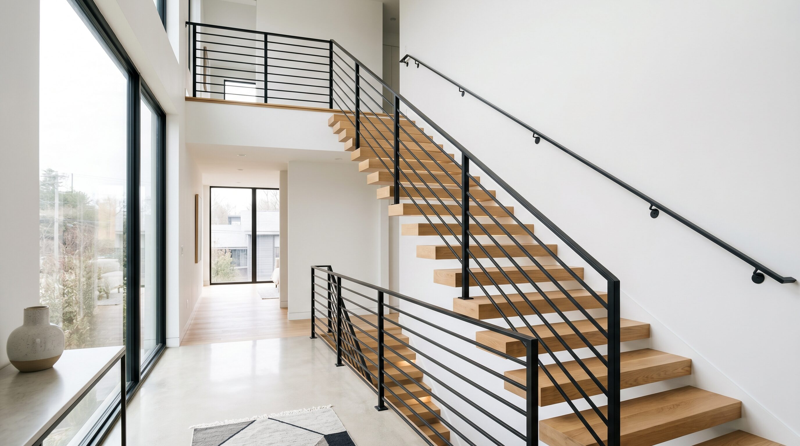 Curved staircase in a grand entryway with elegant railing and bright light.