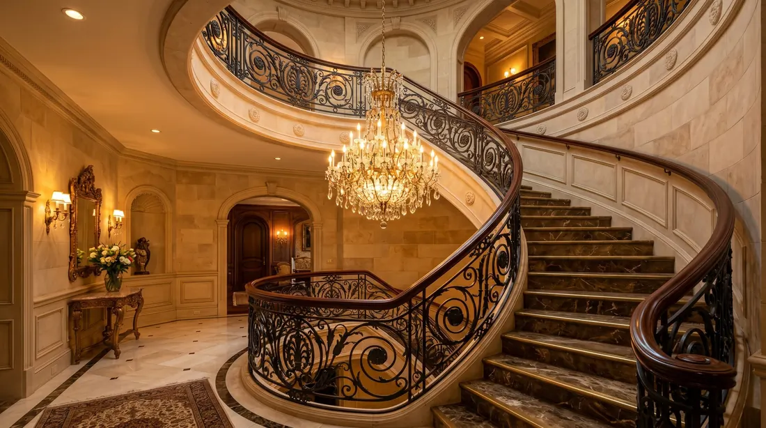 Modern staircase with glass railing, clean lines, and open entryway.