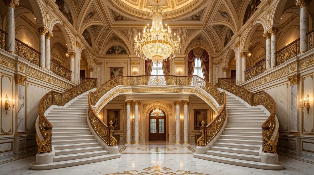 Elegant staircase with wrought iron railing, wood steps, and formal entrance.
