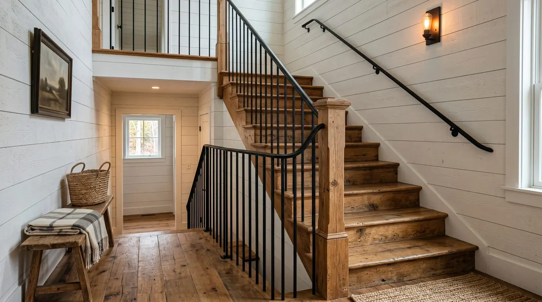 Staircase with patterned runner, wood banister, and styled entry.