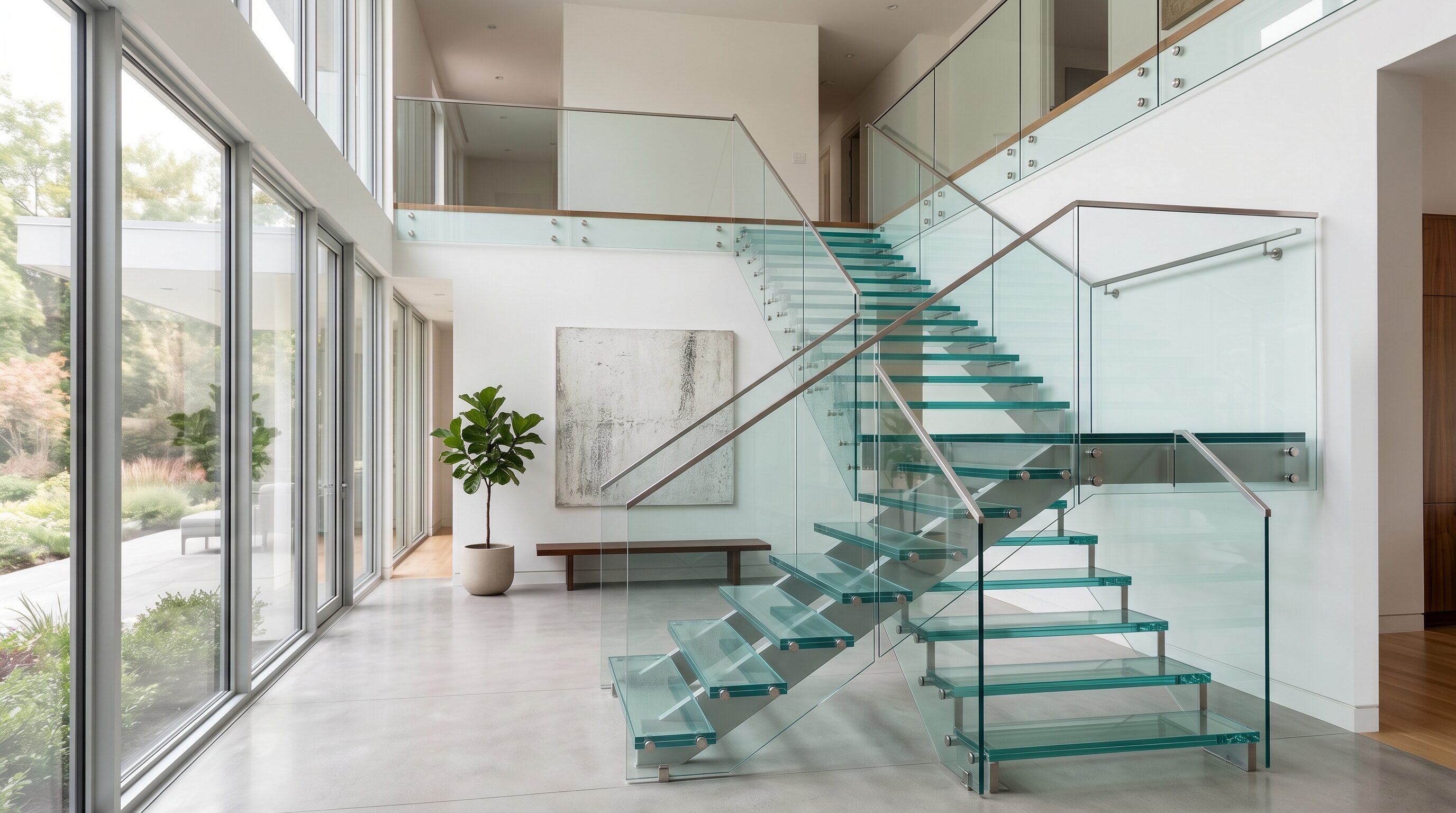 Floating wood staircase with minimal railing and modern foyer.